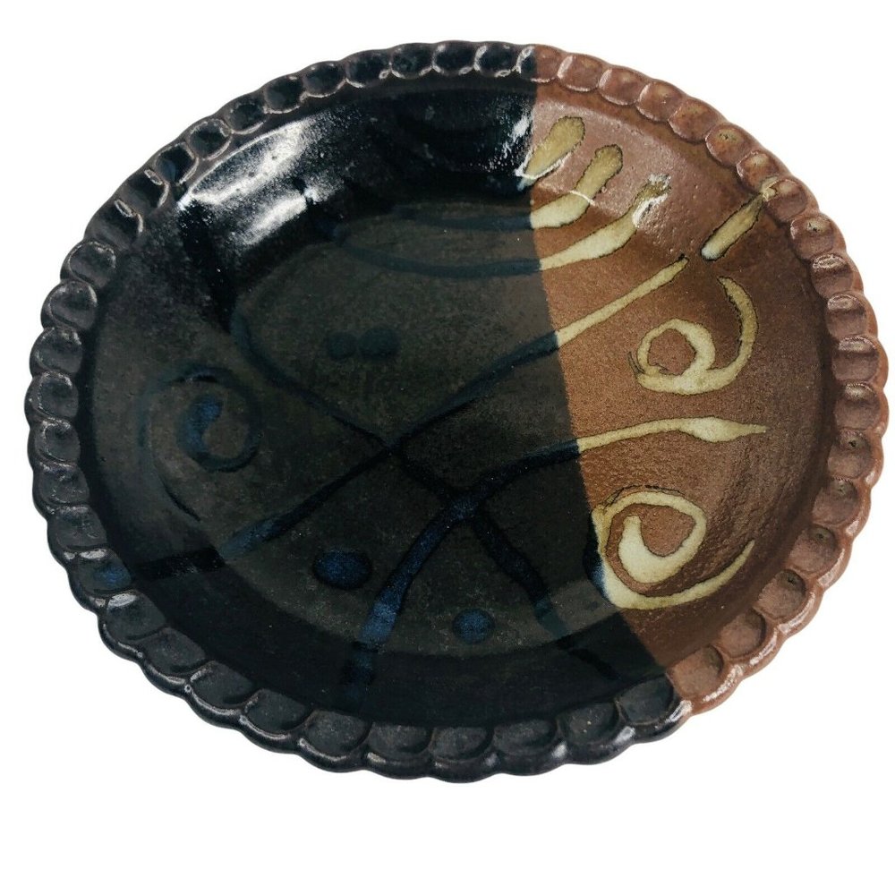 Claybanks Studio Art Pottery Pie Dish Plate Pan Brown Black Abstract Vintage